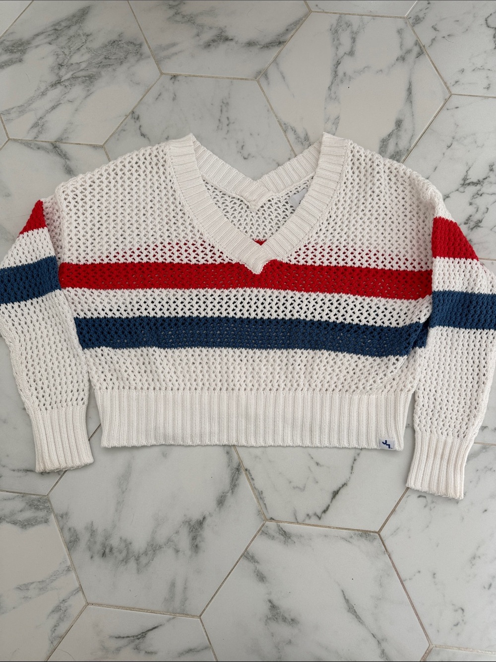 JoyLab White Open-Knit V-Neck Sweater with Red & Navy Stripes